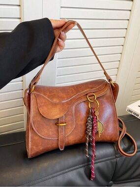 Classic Brown Faux Leather Shoulder Bag with Decorative Tassel